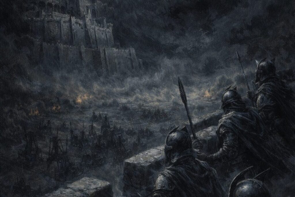 Minas Tirith under siege at dusk