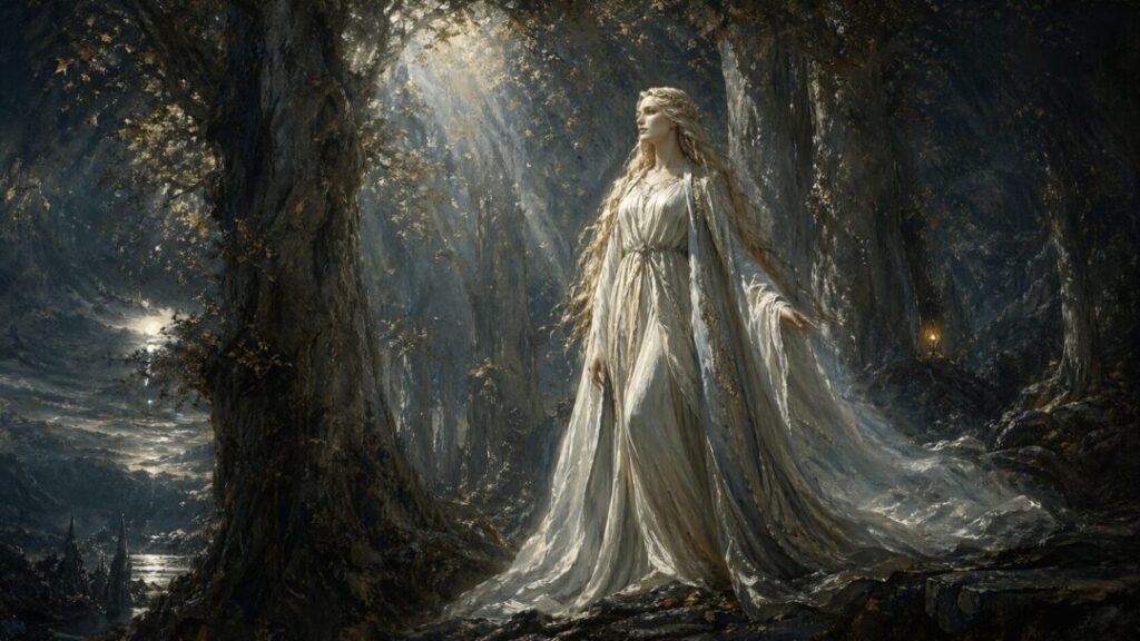 Mist-filled forest with ethereal figure