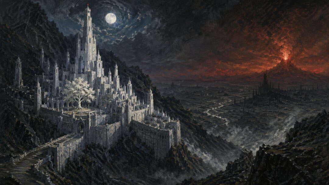 Moonlit fortress on a fiery horizon