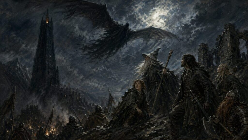 Moonlit fortress under shadowy wings