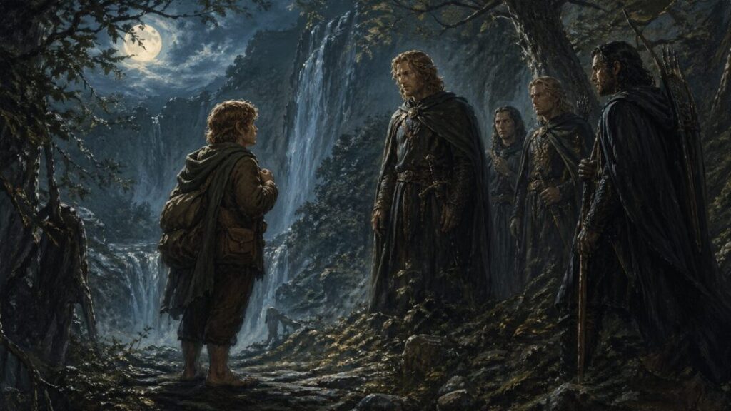 Moonlit meeting by the waterfall