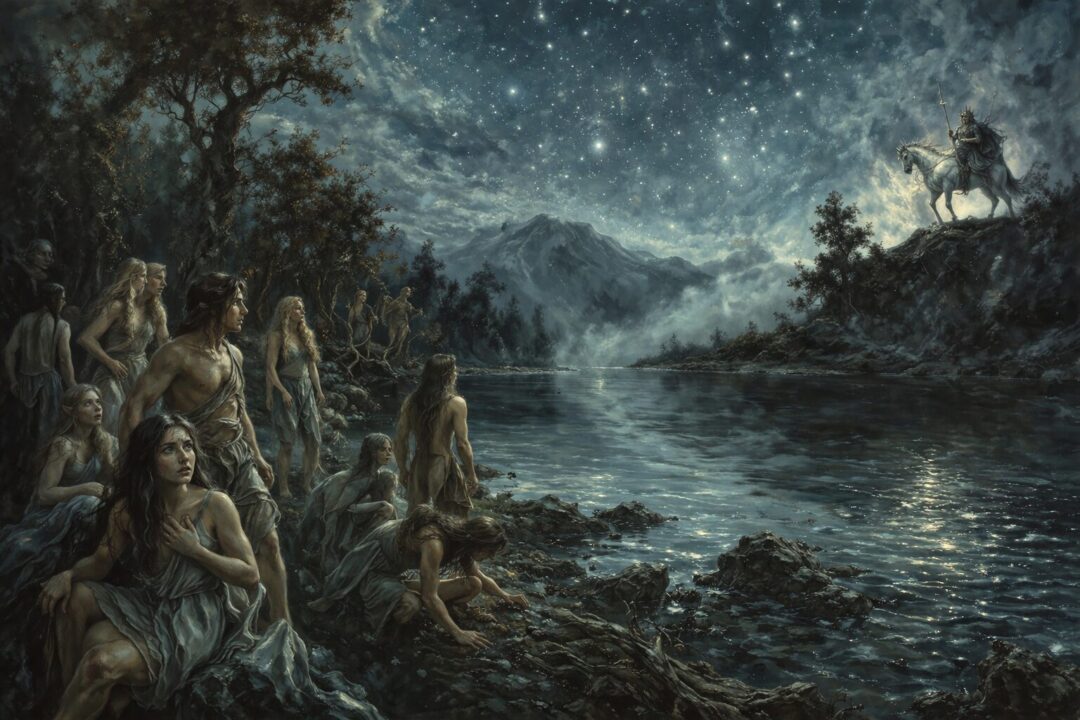 Mysterious apparition by the misty lake