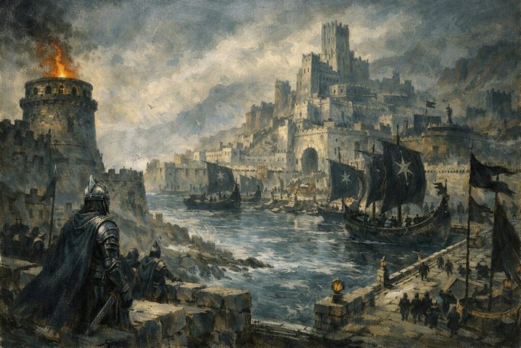 Númenórean harbor under a fiery sky