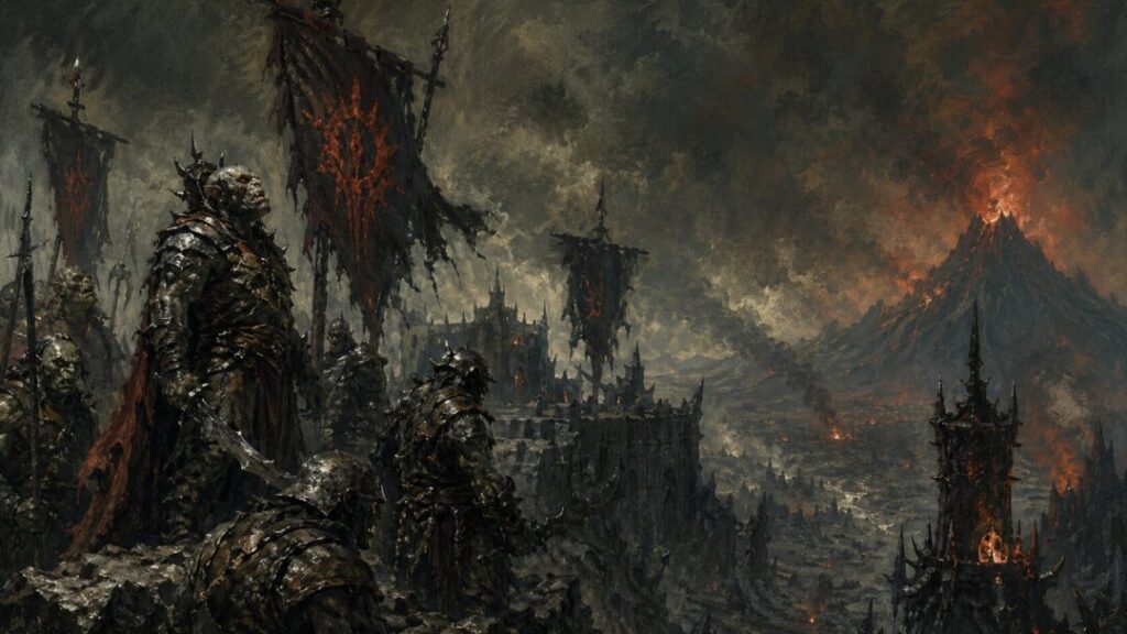 Ominous orc stronghold at dusk