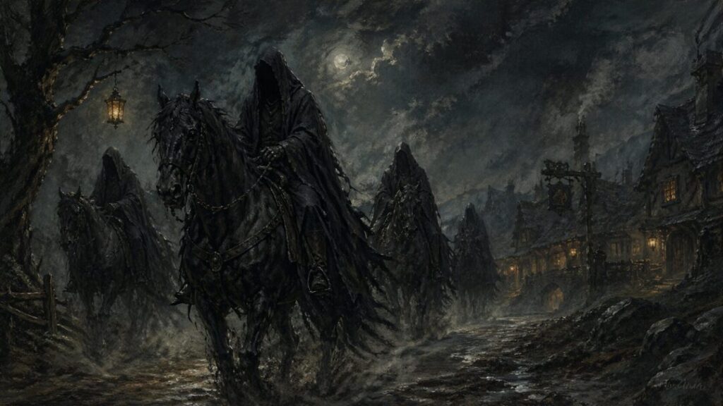 Ominous riders in a moonlit village