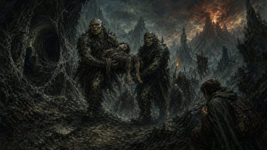 Orcs patrol through a ruined landscape