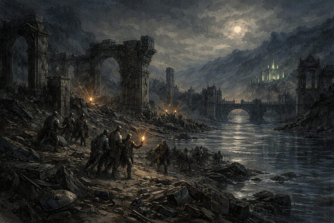 Osgiliath's fall under dark skies