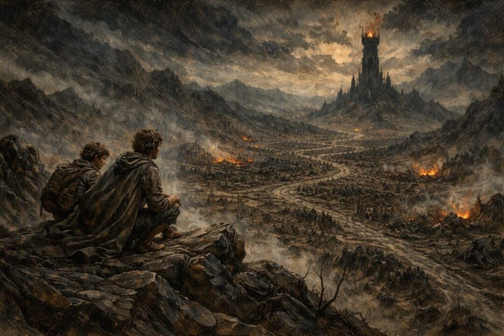 Overlooking Mordor's fiery expanse