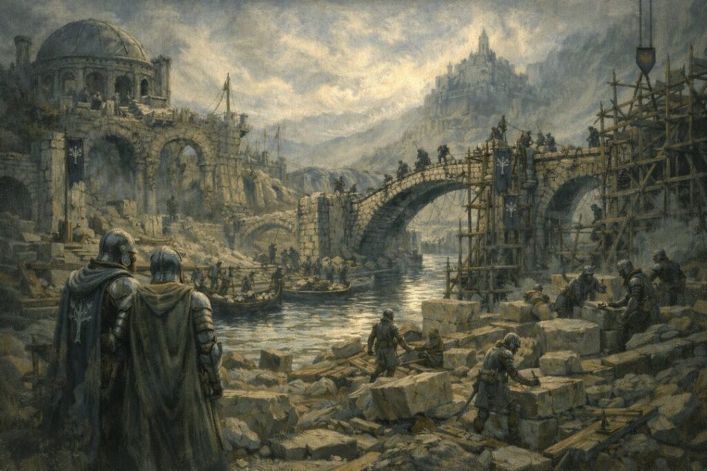Rebuilding the bridge at Osgiliath