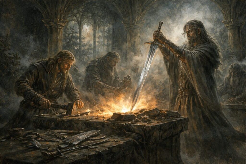Reforging of Andúril in Elven forge