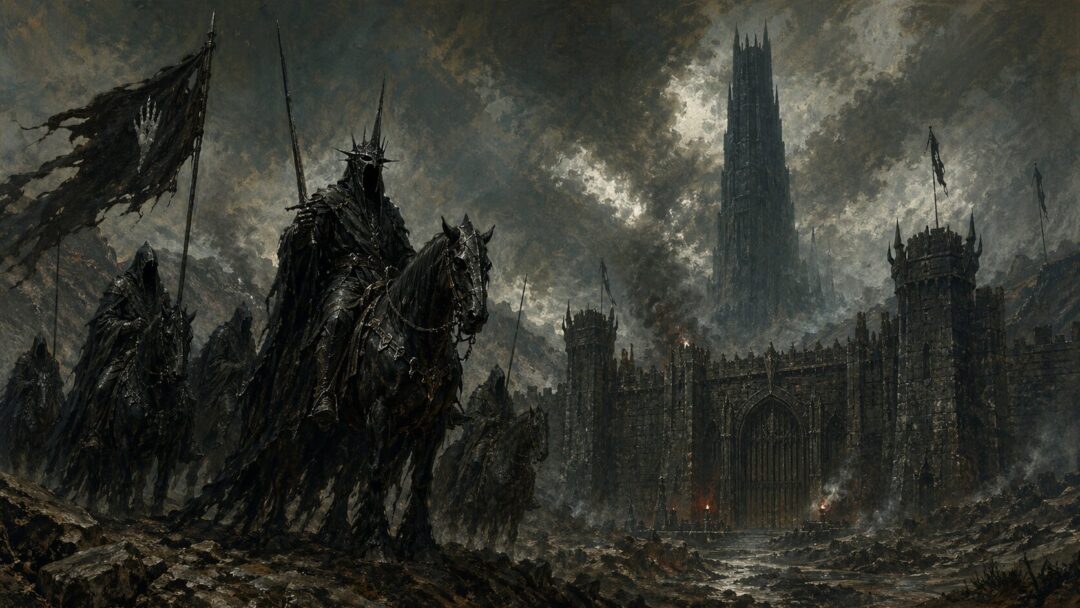 Riders before the dark fortress gate