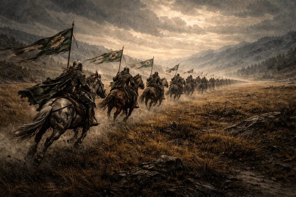 Rohirrim riders at dawn's edge
