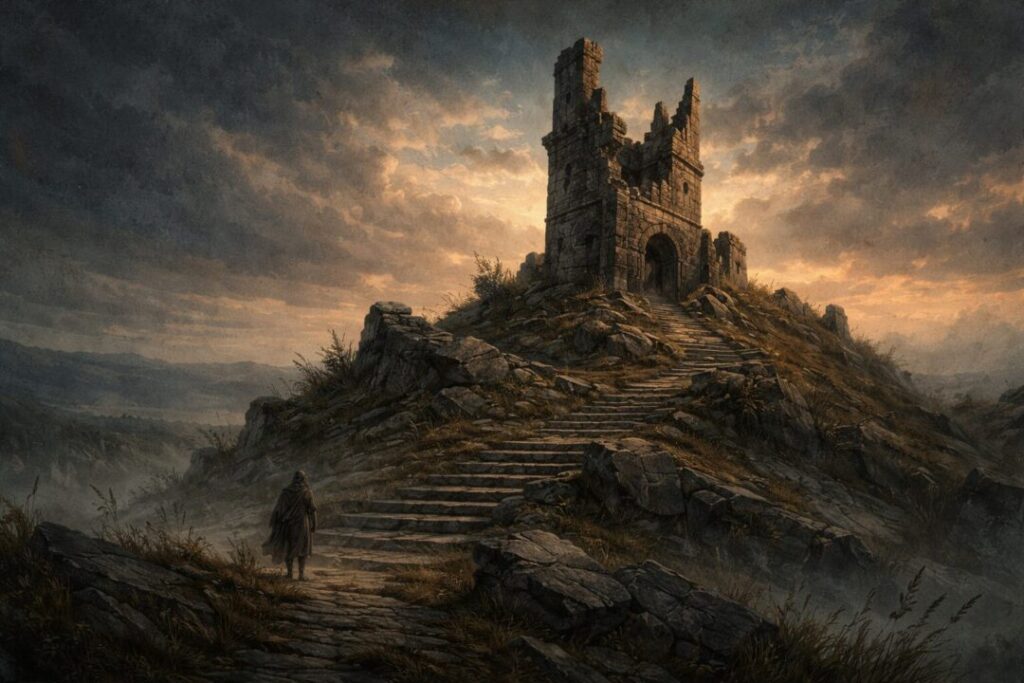 Ruins of the old watchtower at dusk