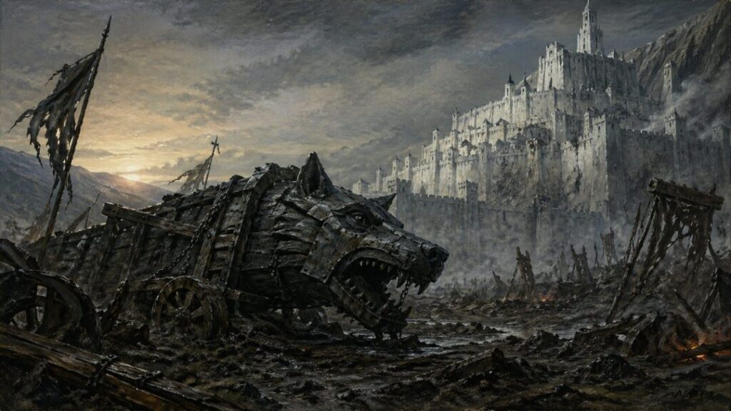 Ruins of war before a mighty city