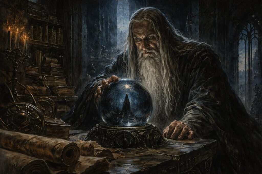 Saruman gazing into the palantír