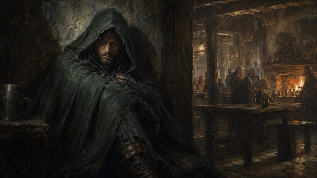 Solitary wanderer in a dim tavern