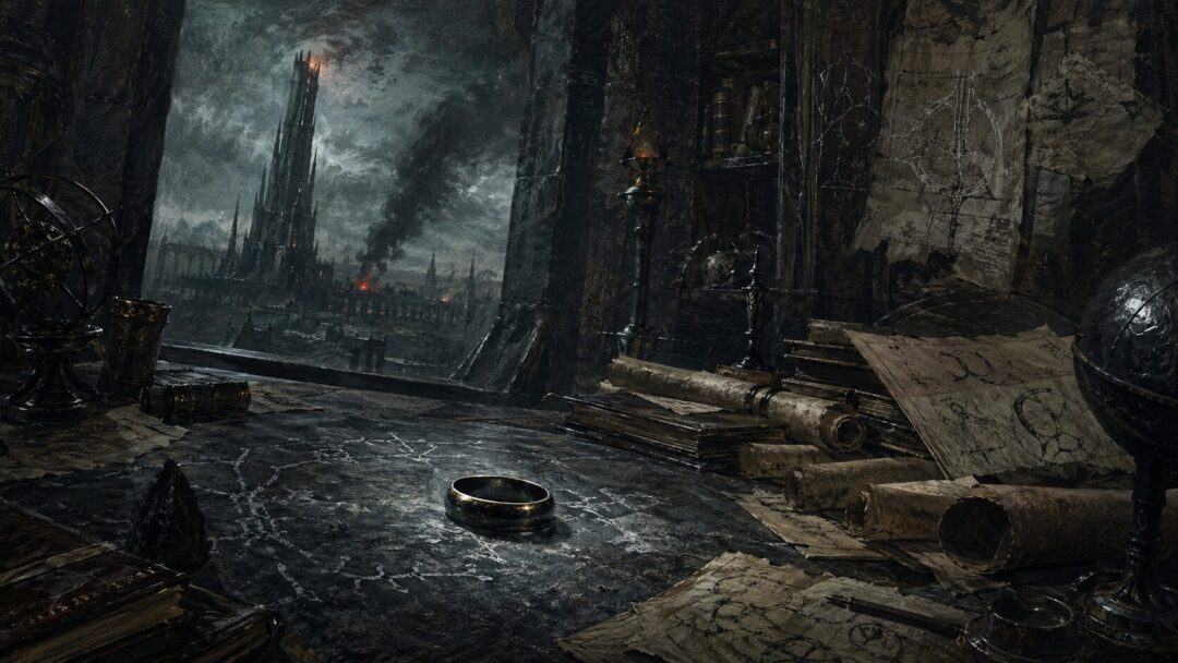 Sorcerer's study overlooking a war-torn fortress