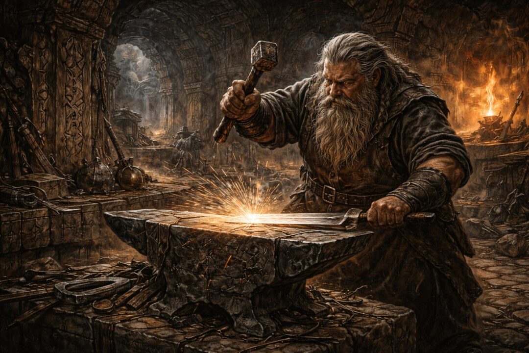 Telchar forging a legendary blade