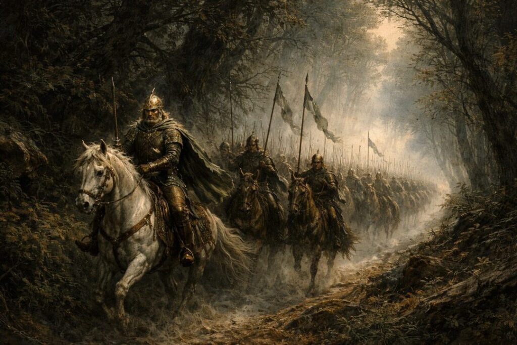 The Rohirrim at dawn in Drúadan Forest