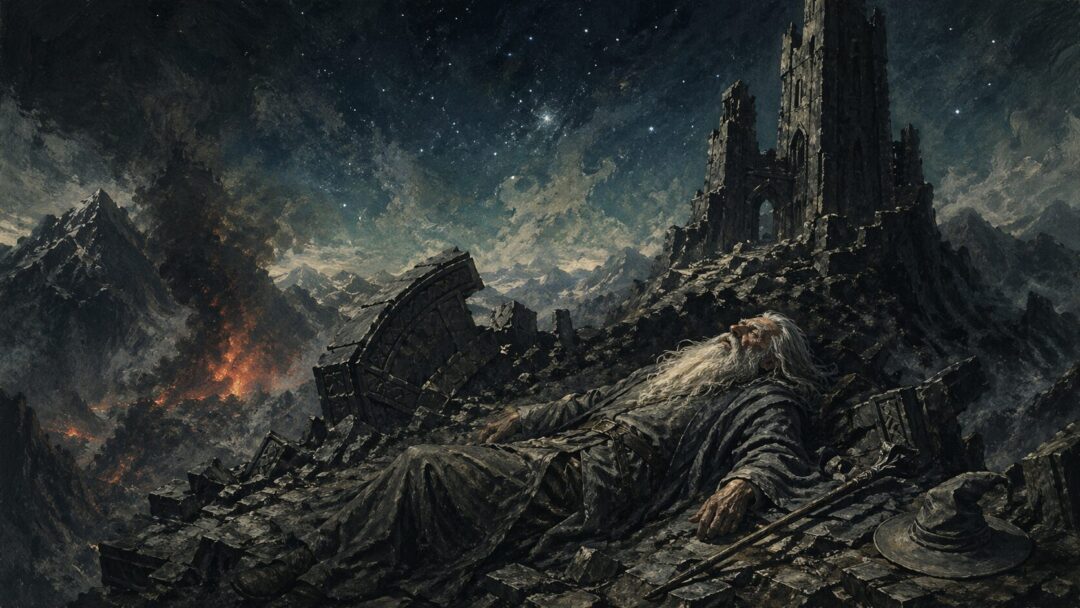 The fallen wizard in the ruins