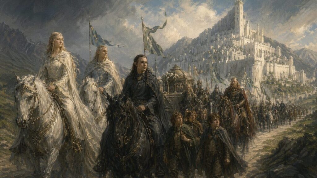 The noble procession under the mountain citadel