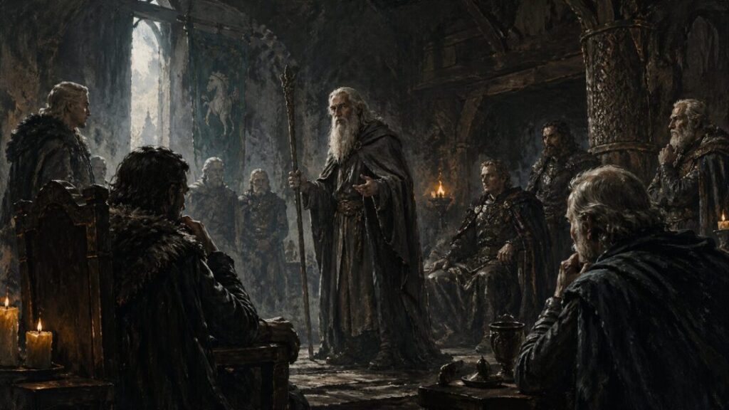 The wizard's counsel in shadowed hall