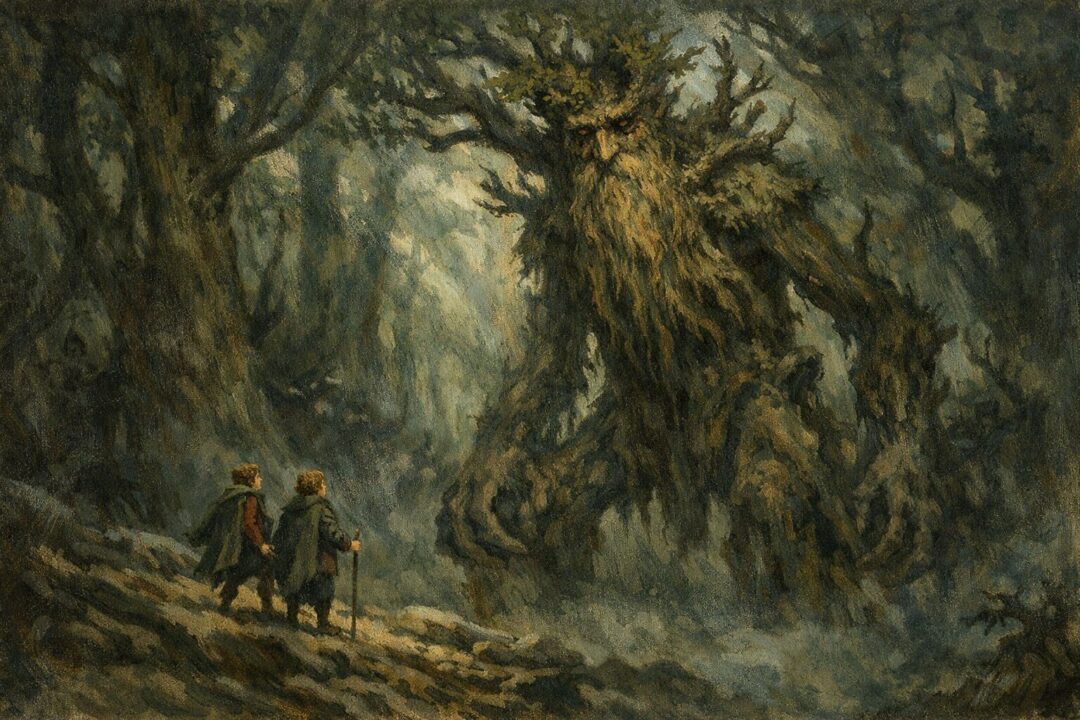 Treebeard and hobbits in Fangorn Forest
