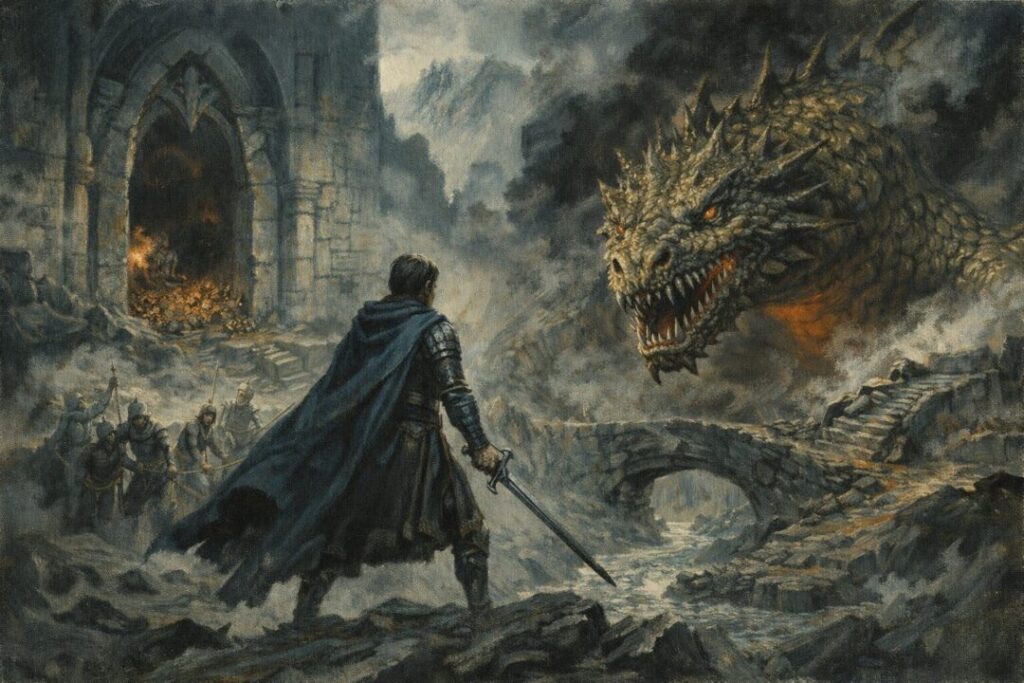 Túrin faces Glaurung at Nargothrond