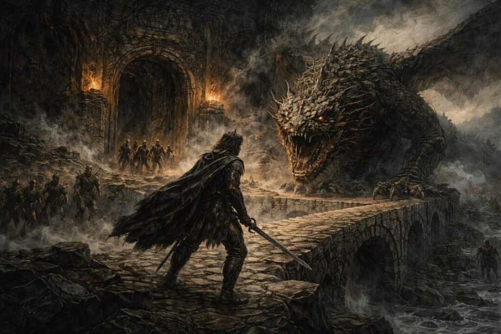 Túrin faces Glaurung at Nargothrond's gates
