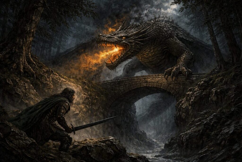 Túrin faces the dragon Glaurung