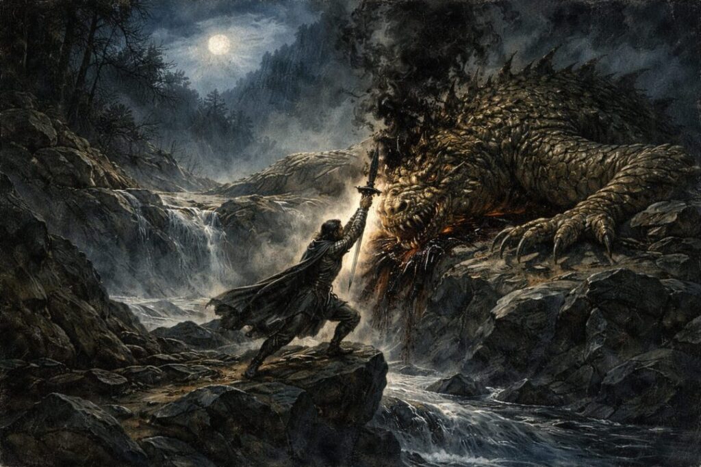 Túrin slays Glaurung under moonlight