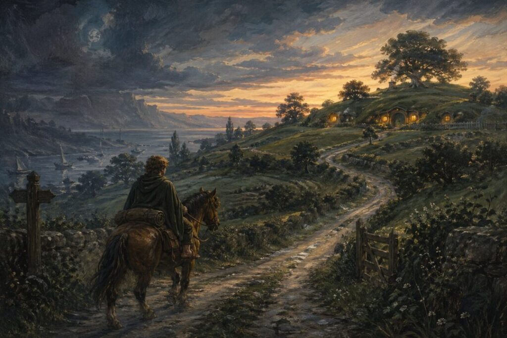 Twilight journey to a peaceful village