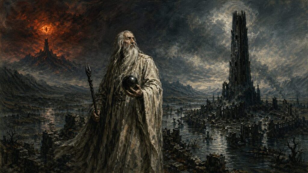 Wizard in a stormy, apocalyptic valley