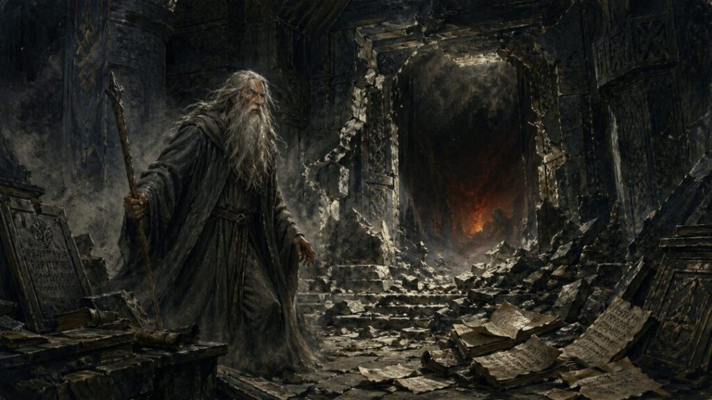 Wizard in ancient ruined hall