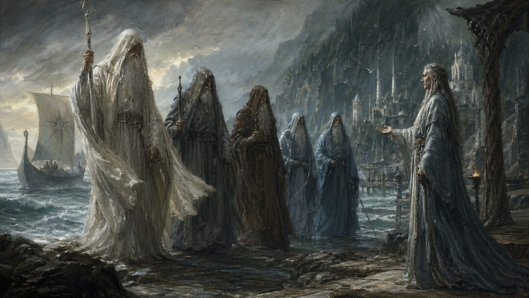 Wizards arriving at the coastal harbor