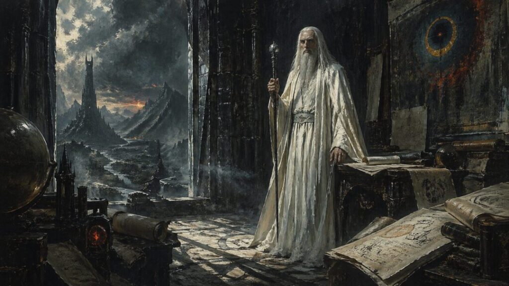 Wizard's study overlooking a stormy realm