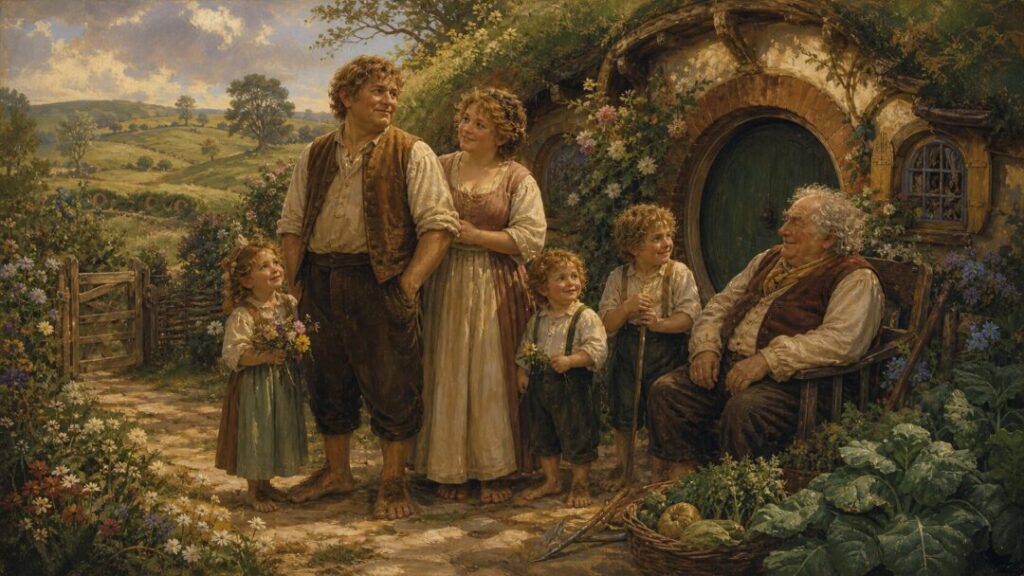 A hobbit family in a sunny garden