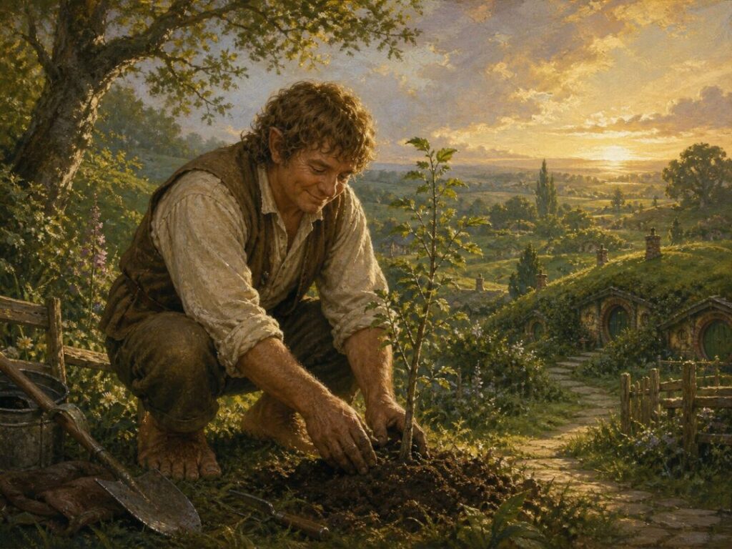 A hobbit tending his garden at dawn