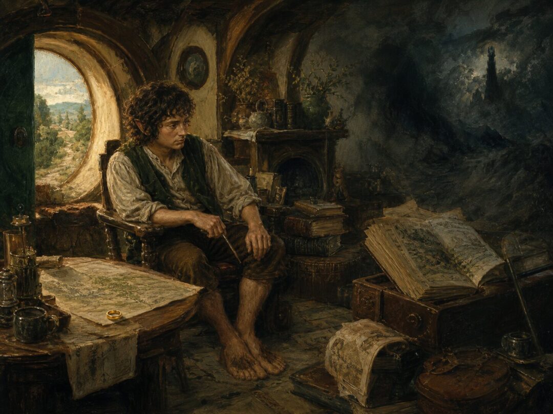 A hobbit's cozy, shadowed study.