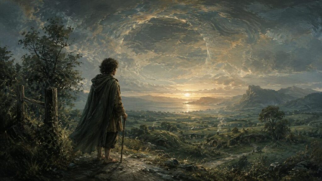 A hobbit's journey under a golden sky