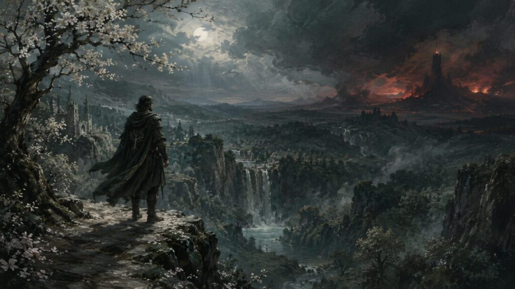 A lone figure on a stormy cliff