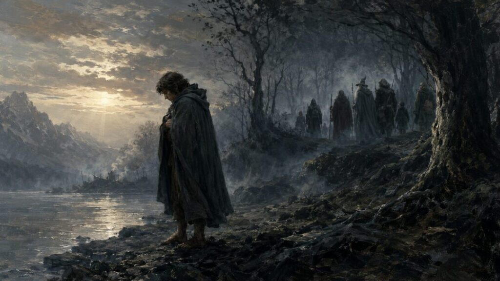 A solitary figure by the misty shore
