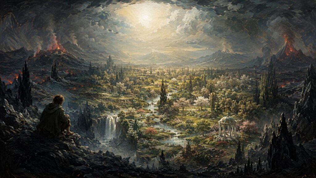 A solitary traveler in a paradise valley