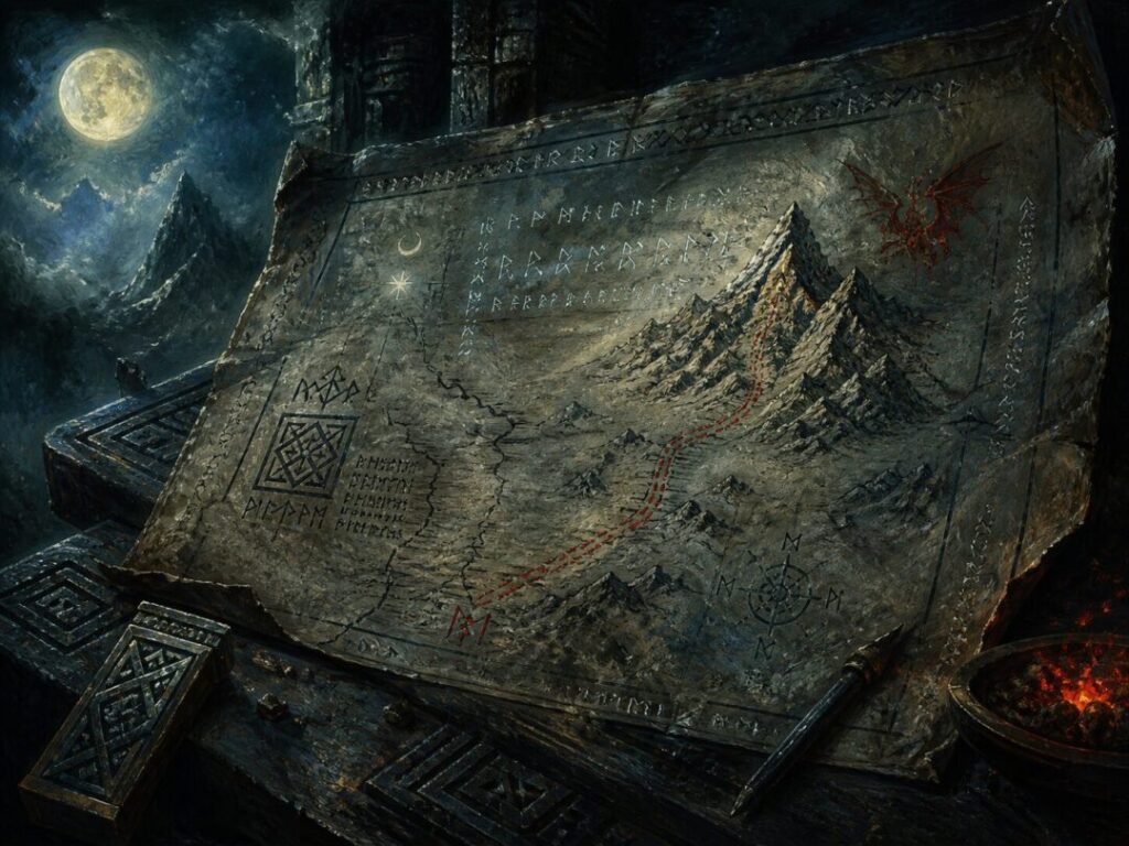 Ancient map in moonlit cavern