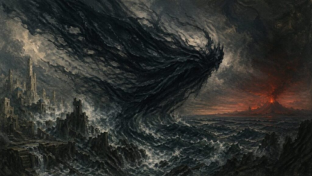 Apocalyptic storm over ancient ruins