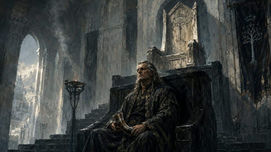 Austere lord in a grand hall