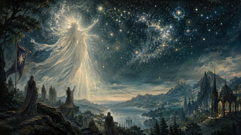 Celestial goddess over mystic landscape