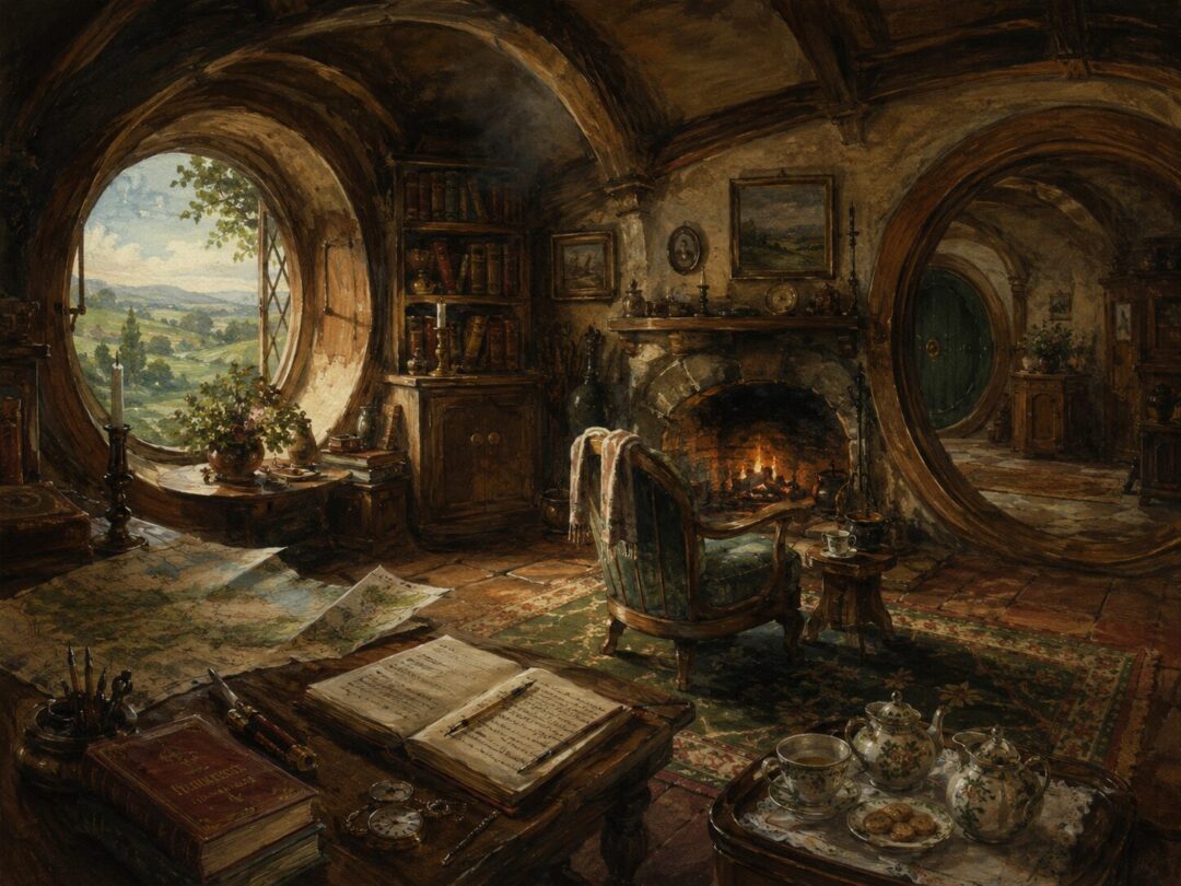Cozy hobbit hole study by the fire