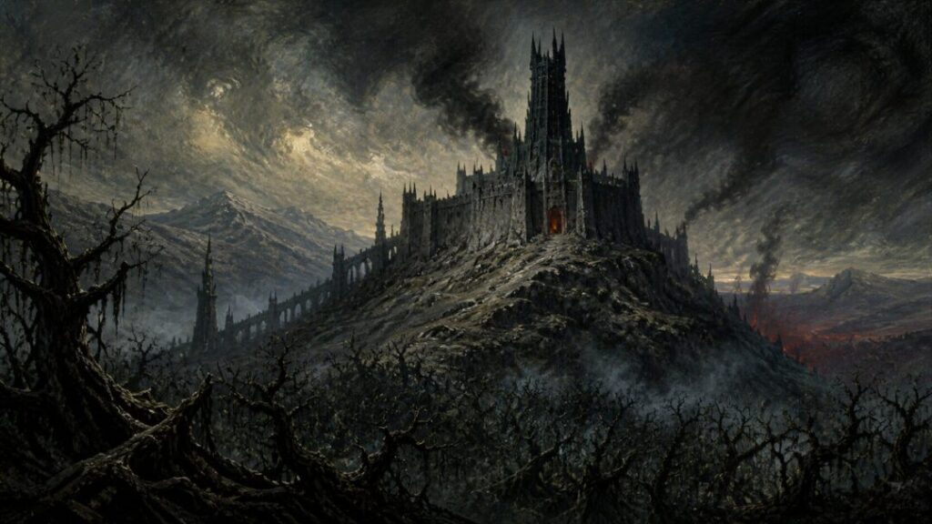 Dark fortress in a stormy landscape