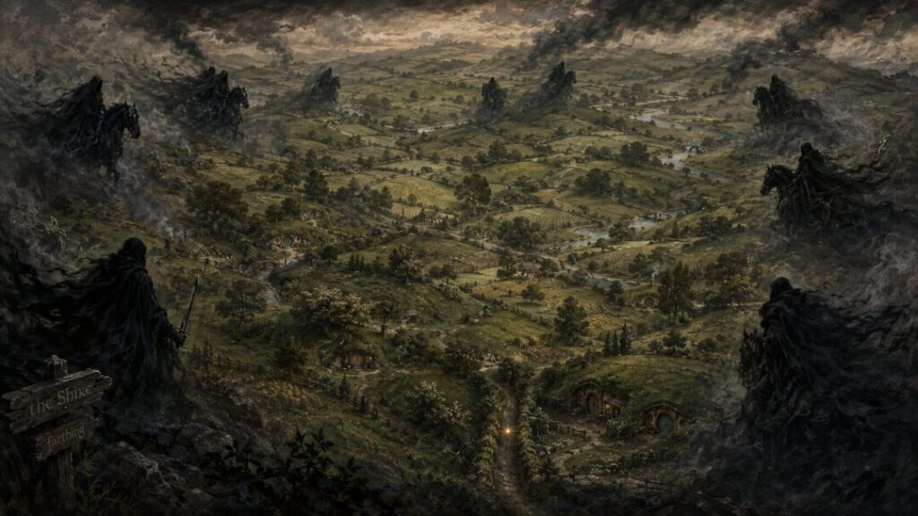 Dark riders over tranquil countryside